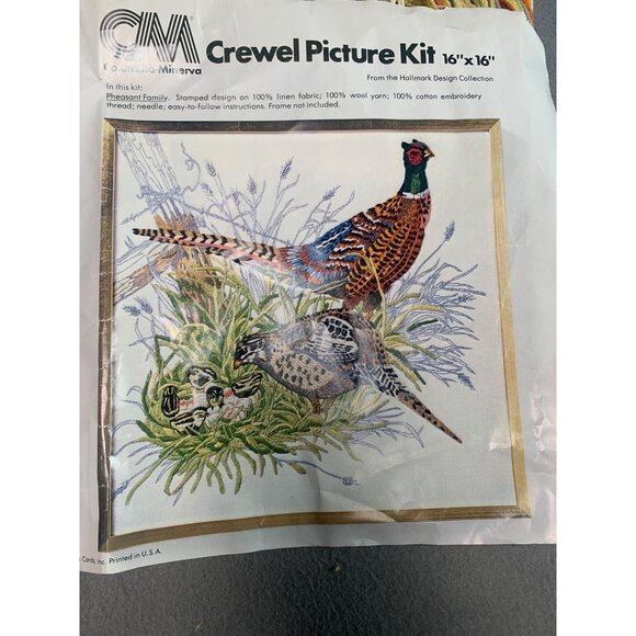 Columbia-Minerva Crewel Picture Kit 16"x16" Pheasant Family Hallmark Design - Picture 2 of 6